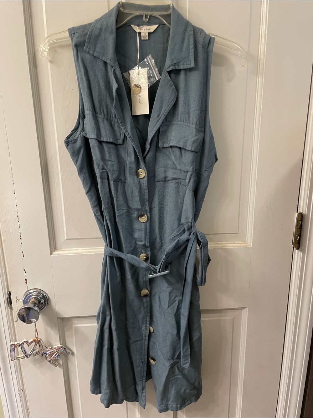 Sleeveless Button-Front Shirt Dress with Tie Waist - Slate Blue